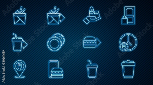 Set line Coffee cup to go, Round the clock delivery, Online ordering and, Plate, Asian noodles chopsticks, burger and icon. Vector