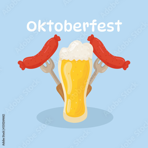 Vector banner for Oktoberfest. A glass of beer and sausages. Octoberfest Party Celebration Social Media Post Design.
