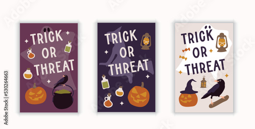 Happy Halloween postcards cards set bundle with pumpkin, ghost, raven, crow. White, purple, dark blue.