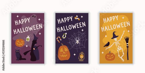 Happy Halloween postcards cards set bundle with pumpkin, witch, skeleton, cat. Yellow, purple, dark blue.