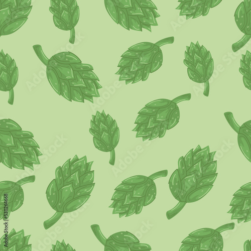 Seamless Octoberfest pattern with hops for wallpaper, wrapping paper, printing on textile fabric, beer store design. Summer holidays, food and drink. Decorative colorful vector background. Hand-drawn
