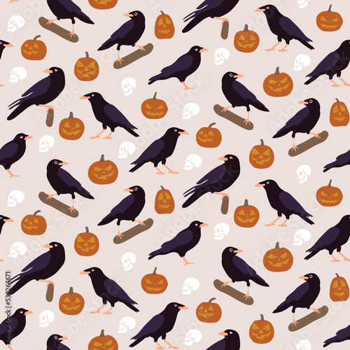 Spooky scary Halloween raven skull crow seamless pattern on bright background. Digital vector repeat pattern.