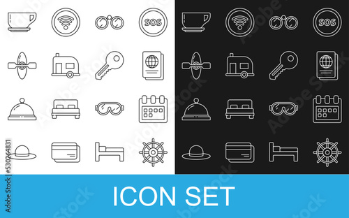 Set line Ship steering wheel, Calendar, Passport, Binoculars, Rv Camping trailer, Kayak canoe, Coffee cup and Key icon. Vector