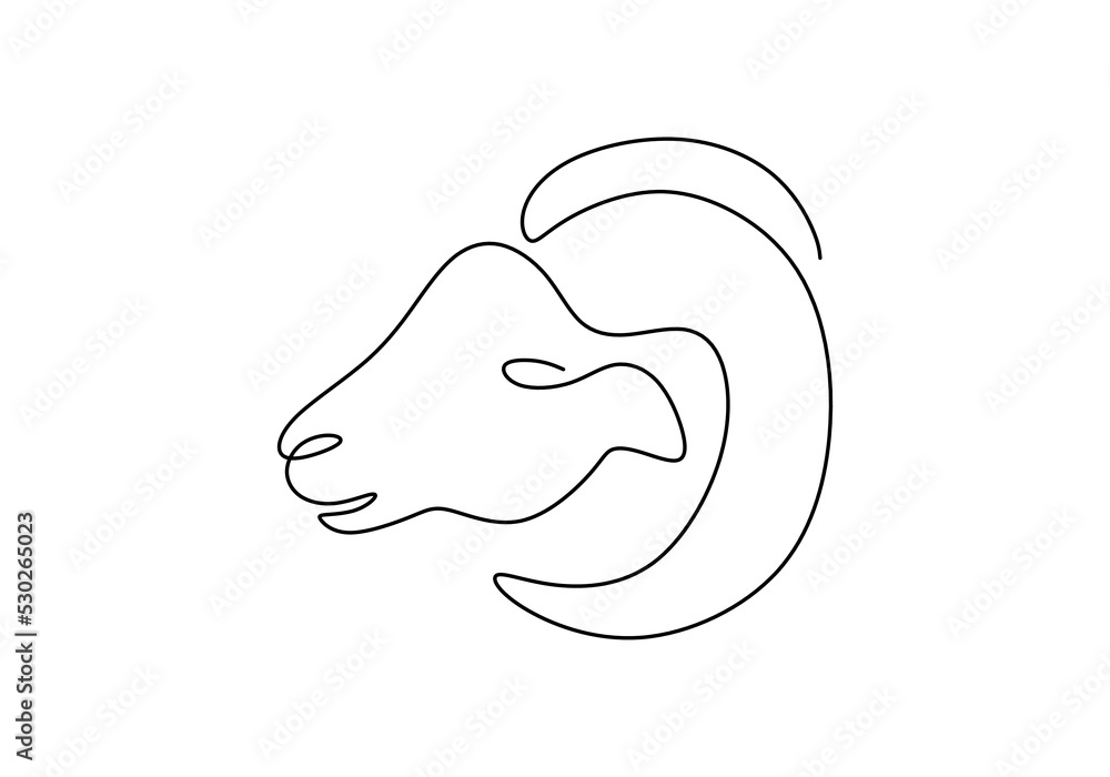 One continuous single line hand drawn of goat sheep head isolated on white background. One continuous single line hand drawn of goat sheep head isolated on white background.