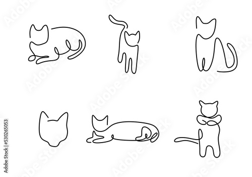 One continuous single line hand drawn of cute cats pose isolated on white background.