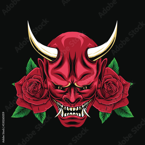 oni mask and rose illustration
