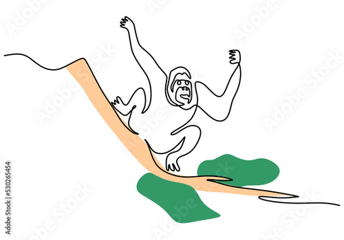 One continuous single line of happy orangutan for international orangutan day isolated on white background.