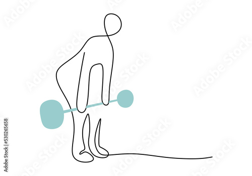 One continuous single line of man lift barbel for sport theme isolated on white background.