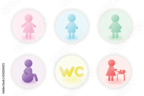 Toilet icon with the inscription BC abbreviation, men's, women's restroom, for the disabled, for mother with a child and transgender people in 3d gradient volumetric style