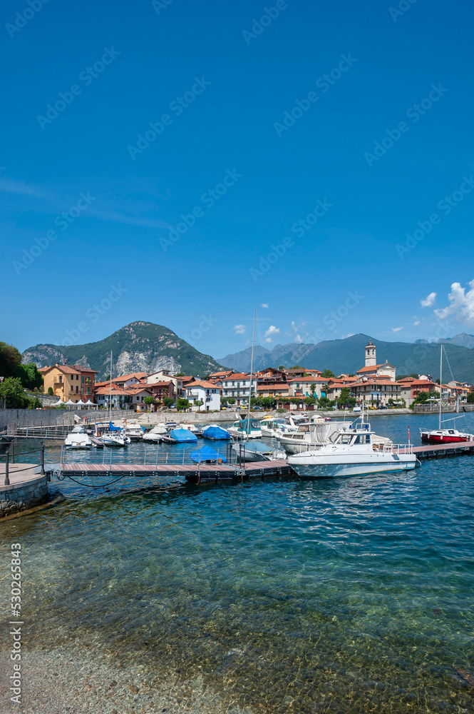 Small harbor in front of Feriolo on Lake Maggiore in northern Italy