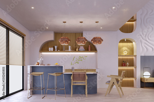 3d rendering,3d illustration, Interior Scene and  Mockup,mezzanine living room and bed room interior, kitchen in modern  with mezzanine.