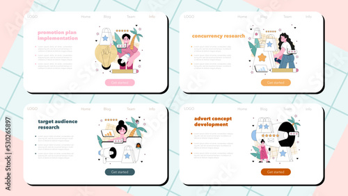 Brand manager web banner or landing page set. Specialist developing
