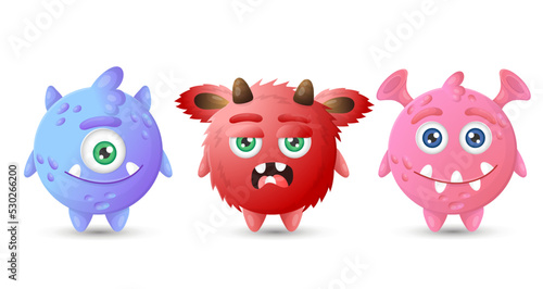 Collection of multicolored round funny monsters. Blue, red, pink cartoon aliens