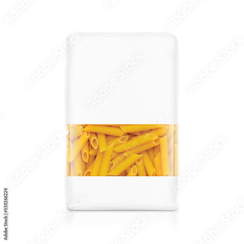 Bag package with penne pasta isolated on white background. Vector illustration. Can be use for template your design, promo, adv. EPS10.	