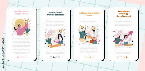 Copywriter mobile application banner set. Writing texts and articles