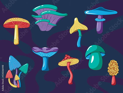 Set of psychedelic hallucinogenic bright groovy hippie mushrooms in 70s style isolated on wavy dark background