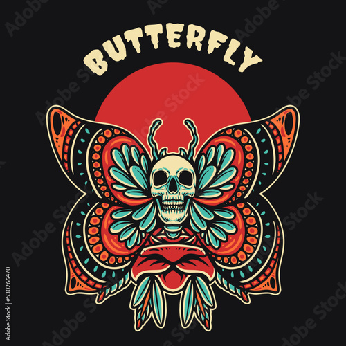 Butterfly Skull Retro vector Illustration
