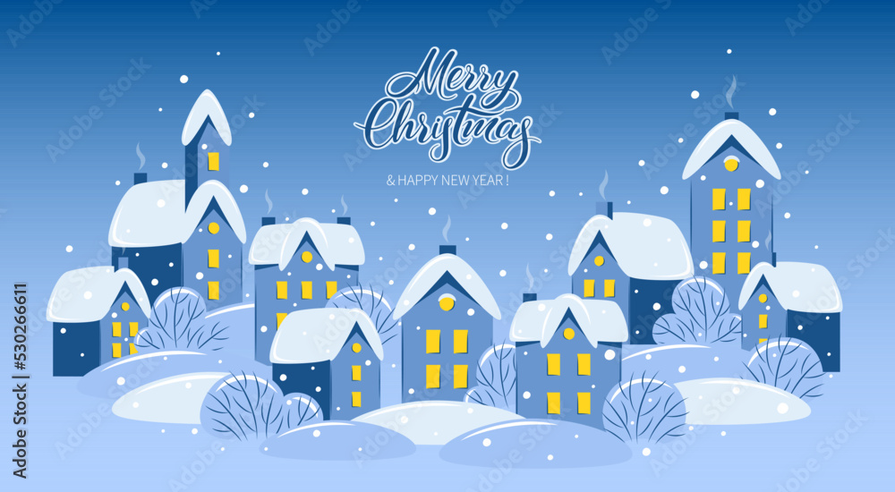 Merry Christmas and Happy New Year banner. Snowy winter landscape with houses and trees. Winter city or village. Vector illustration 