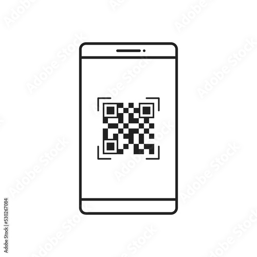 QR code scan on smartphone icon. Qrcode template for mobile app. Frame, tag, template QR code for payment on phone. Vector line illustration