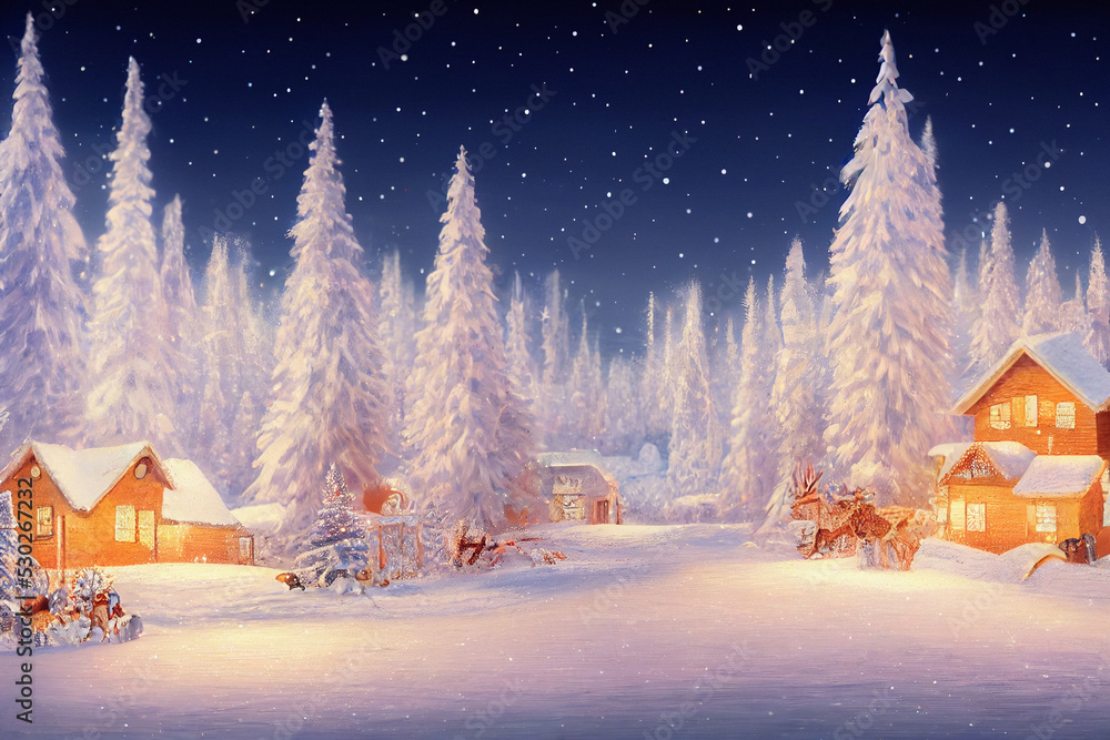 Snow covered little village in forest with stars in the sky, christmas
