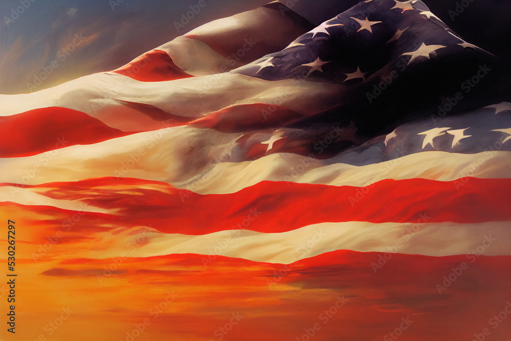 Veterans day background of US flag and sunset blending together, digital illustration - obrazy, fototapety, plakaty 