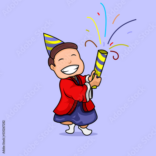Cute kimono boy holding paper firecracker wearing santa claus clothes cartoon vector icon illustration. Premium vector Christmas celebration and new year party icon concept isolated.