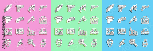 Set line Hand grenade, Collimator sight, Military ammunition box, MP9I submachine gun, Small revolver, Gun holster, Trap hunting and Wooden axe icon. Vector