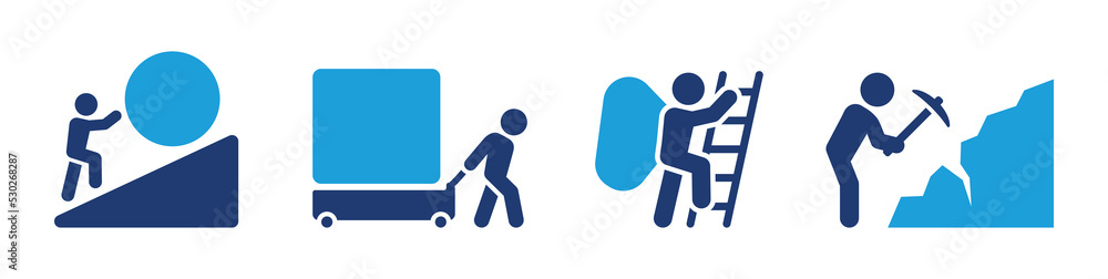 Hard work icon set. Containing worker pushing heavy ball, pull object ...