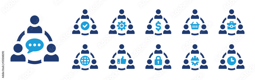 Group meeting, discussion, community and social icon set. Vector illustration. Group meeting, discussion, community and social icon set. Vector illustration.