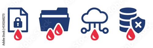 Data leakage icon set. File and folder with data leak or breach sign symbol. Vector illustration.