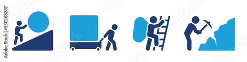 Hard work icon set. Containing worker pushing heavy ball, pull object, carry bag and mining icons. Workman vector illustration.