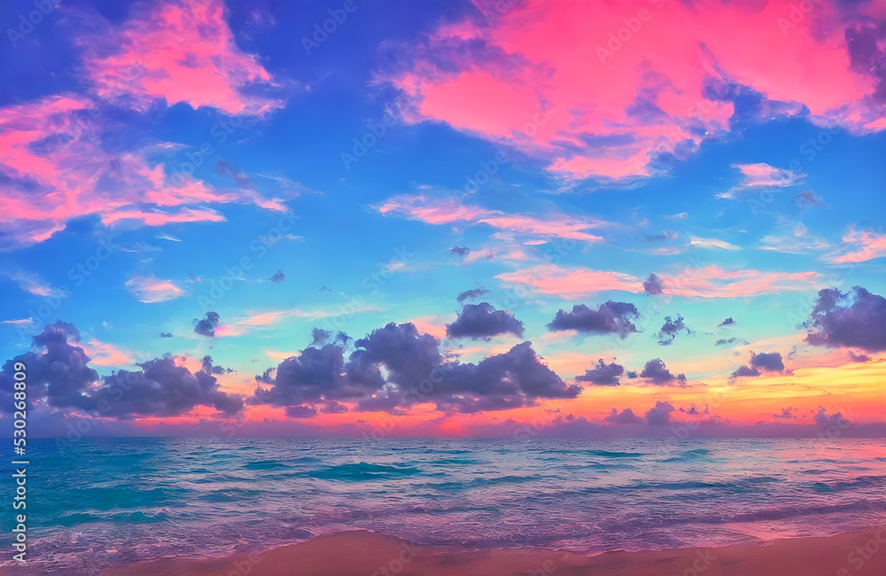 Sunset sea landscape. Colorful ocean beach sunrise. Colorful nature sea sky