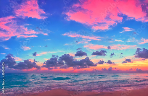 Sunset sea landscape. Colorful ocean beach sunrise. Colorful nature sea sky