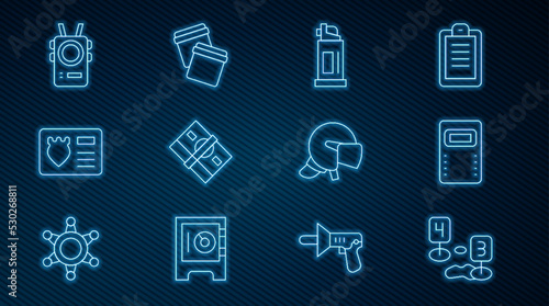 Set line Marker of crime scene, Police assault shield, Pepper spray, Stacks paper money cash, badge with id case, body camera, helmet and Plastic bag ziplock icon. Vector