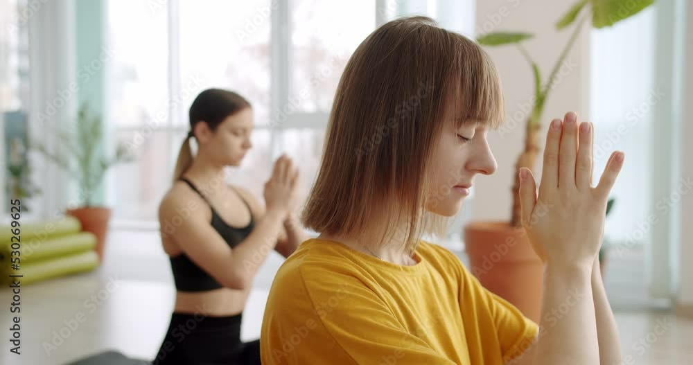 Enjoying healthy lifestyle exercise, Namaste Yoga, Lotus pose work out, Yoga class meditating together indoors, concentration exercise. relaxing after group exercises in class room. Yoga Club Enjoying healthy lifestyle exercise, Namaste Yoga, Lotus pose work out, Yoga class meditating together indoors, concentration exercise. relaxing after group exercises in class room. Yoga Club