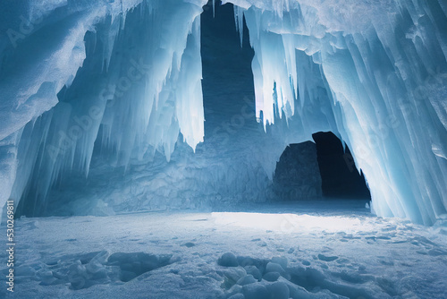 large cold blue ice cave , digital art