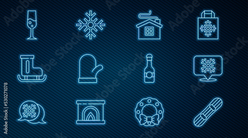 Set line Snowboard, Snowflake speech bubble, Merry Christmas house, mitten, Figure skates, Glass of champagne, Champagne bottle and icon. Vector