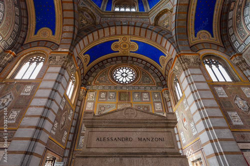 MILAN, ITALY, MARCH 5, 2022 - View of Alessandro Manzoni's Tomb in the Hall of Fame (Famedio) in the monumental cemetery of Milan, Italy.
