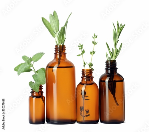 Bottle of essential oil and fresh herbs isolated on white