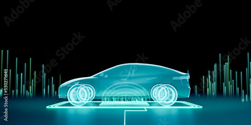 Smart autonomous electric vehicle recharging at wireless charger station pad, full self-driving city car charging battery on inductive charging pad parking, futuristic EV technology 3d rendering photo