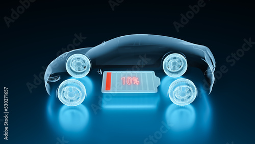 Electric Vehicle on low battery power, smart information EV charging station status display, futuristic design hybrid car energy level indicator UI interface 3d rendering