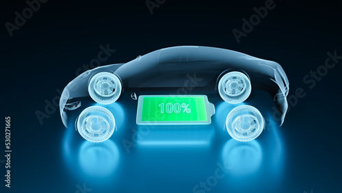 Electric Vehicle fully charging battery using DC fast charger, smart information EV power station status display, futuristic design hybrid car power level indicator UI interface 3d rendering