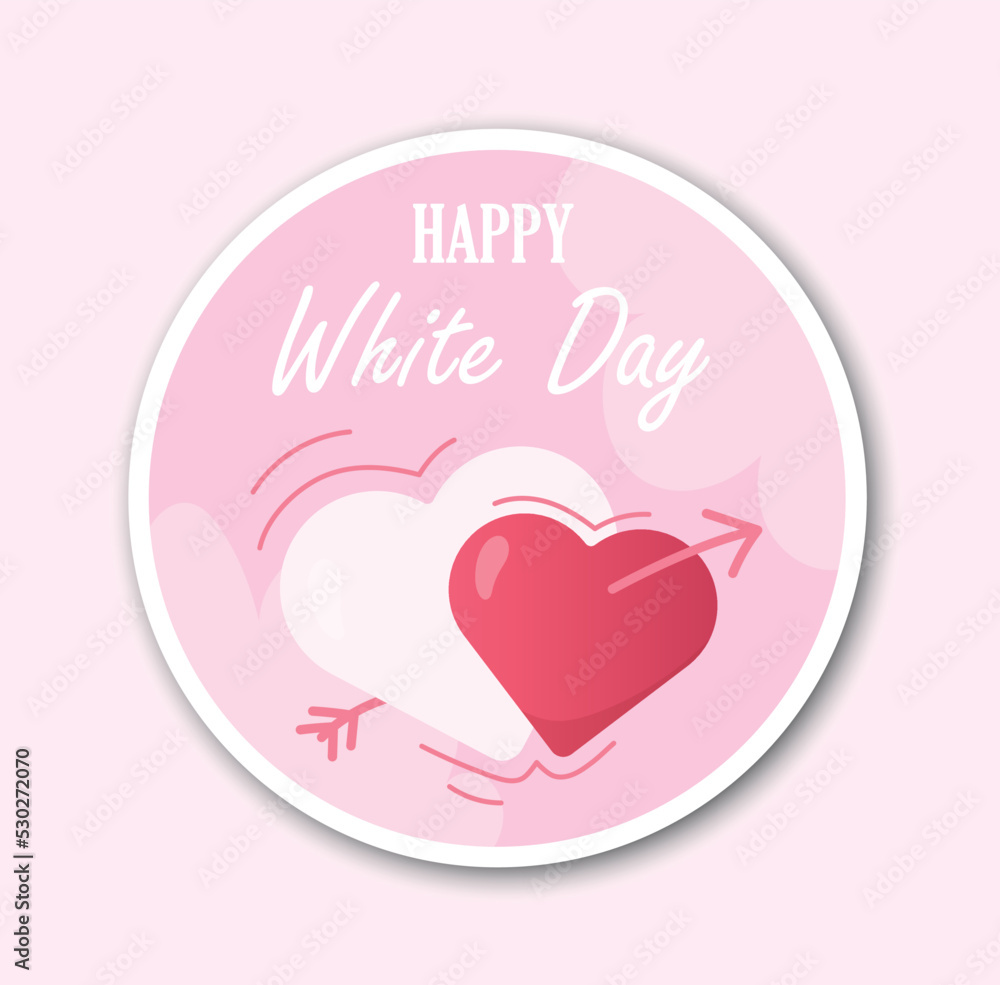 White day label. Social media sticker, badge for bags. Pink heart pierced by arrow. Romance, care and love, graphic element for website, poster or banner, icon. Cartoon flat vector illustration