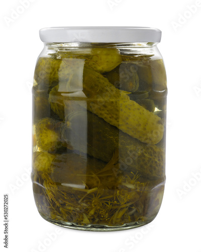 Jar of tasty pickled cucumbers isolated on white