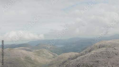 A panoramic shot of beautiful mountain view from the top of Scafell Pike, England. Cloudy sky also increasing the beauty photo