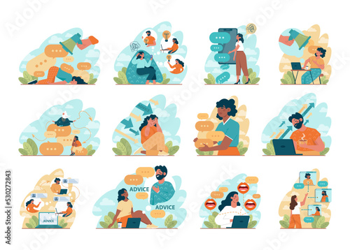 Advice concept set. Character or employee giving or taking a piece of advice