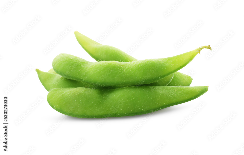 Raw green edamame pods on white background Raw green edamame pods on white background
