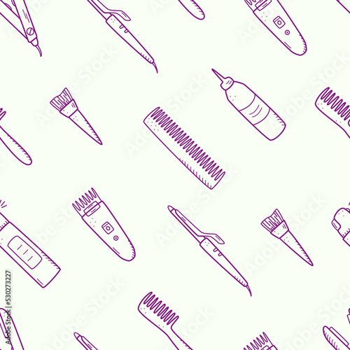 Set of hairdressing elements, seamless pattern of doodle icons for hair care. Vector illustration background wallpaper.