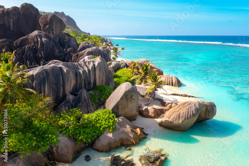 Paradise beach on the island of La Digue in the Seychelles. Anse Source D'Argent