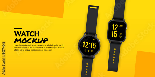 Black smart watches isolated on yellow background, Smart wear technology concept Fototapeta